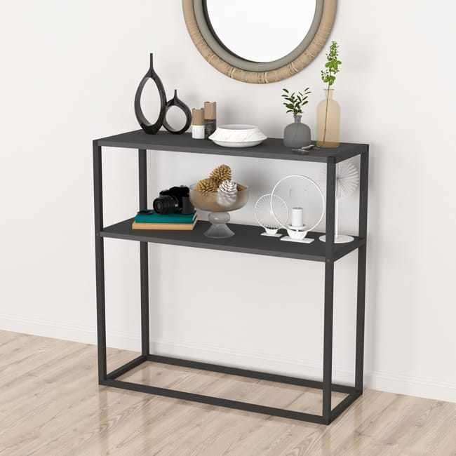 Masă consola decorativa cu 2 rafturi, 90x90x33,5 cm, efect stejar și cadru metalic
