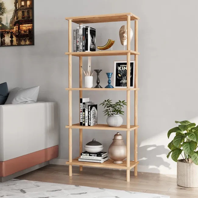 Raft decorativ cu 5 polite  din lemn, design modern, 29x60x137 cm
