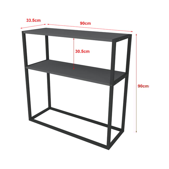 Masă consola decorativa cu 2 rafturi, 90x90x33,5 cm, efect stejar și cadru metalic