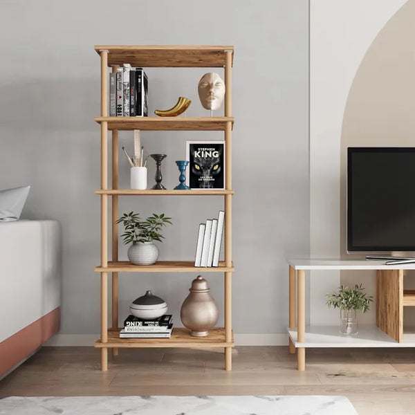 Raft decorativ cu 5 polite  din lemn, design modern, 29x60x137 cm