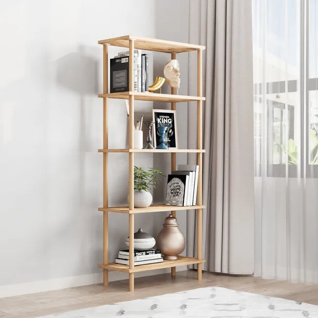 Raft decorativ cu 5 polite  din lemn, design modern, 29x60x137 cm