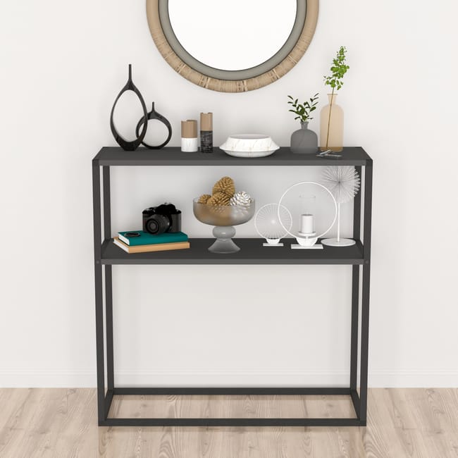 Masă consola decorativa cu 2 rafturi, 90x90x33,5 cm, efect stejar și cadru metalic