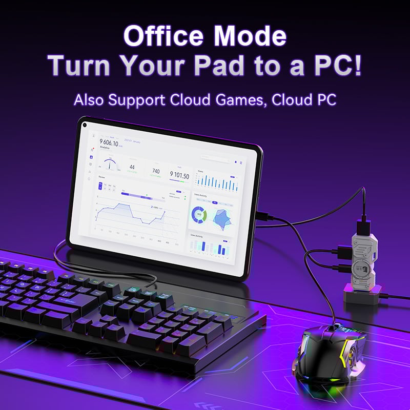 Set Gaming telefon complet 5 in 1 cu tastatura Iluminata RGB, emulator jocuri telefon, mouse gaming, suport telefon Inclus, mouse pad Inclus, Wireless, cu inteligent Spray control, compatibil Android