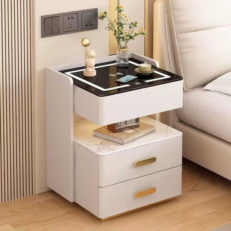 Noptiera inteligenta cu incarcare wireless, lumini LED reglabile, 3 sertare de depozitare, 50x40x56cm