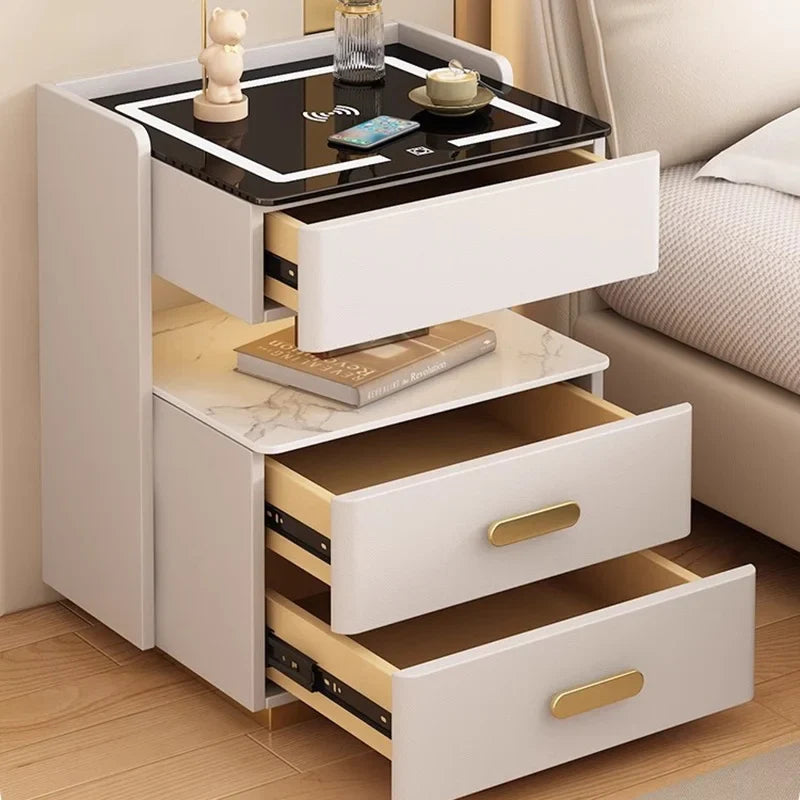 Noptiera inteligenta cu incarcare wireless, lumini LED reglabile, 3 sertare de depozitare, 50x40x56cm