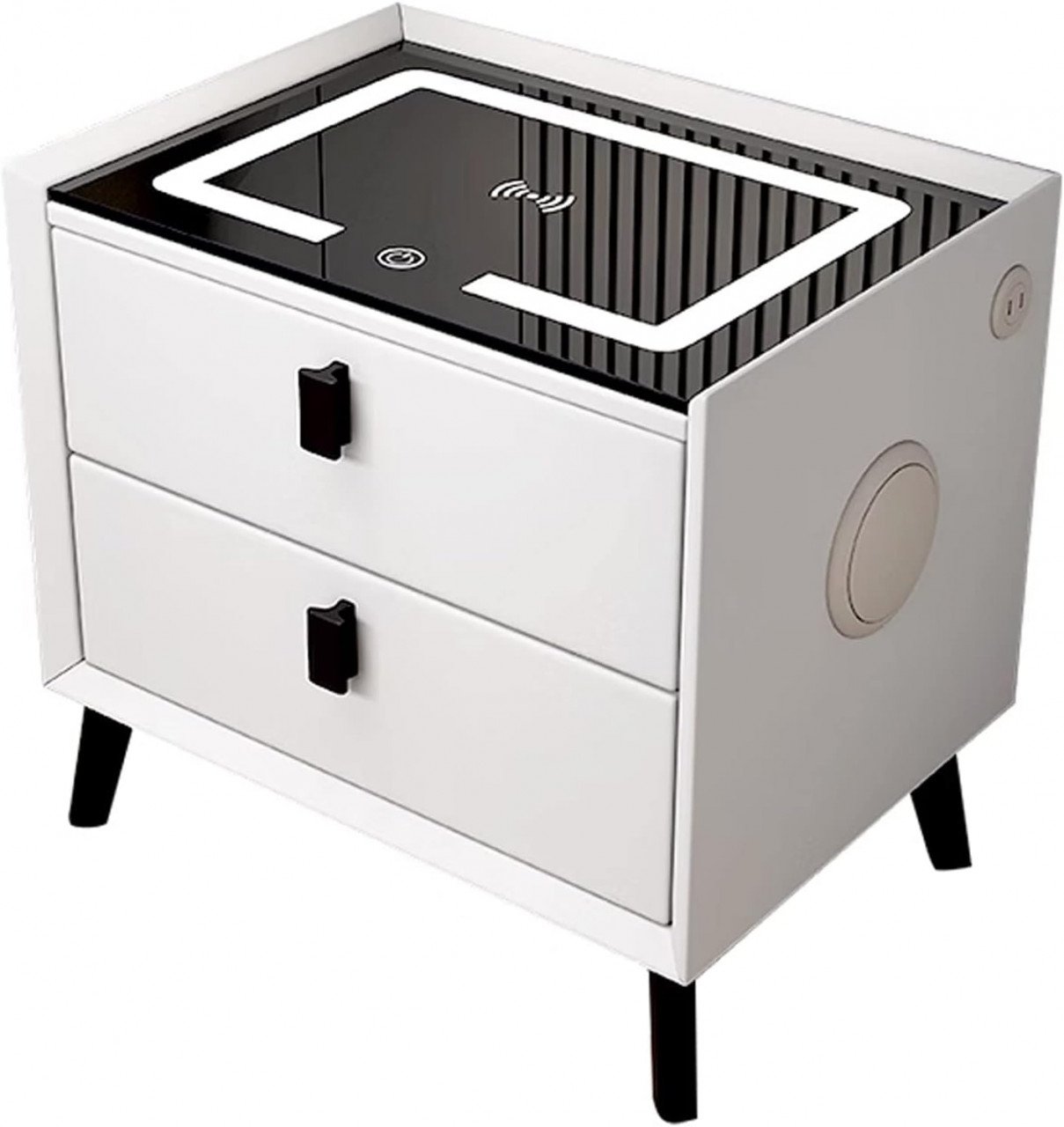 RESIGILAT - Noptiera Smart Multifunctionala, iluminare LED tactil cu 3 culori, incarcare wireless si USB, difuzor Bluetooth, 2 sertare