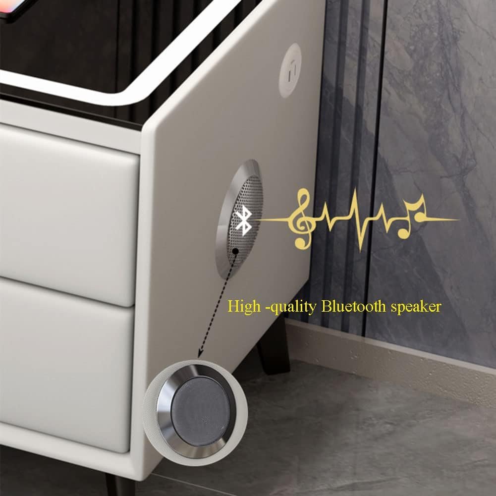 RESIGILAT - Noptiera Smart Multifunctionala, iluminare LED tactil cu 3 culori, incarcare wireless si USB, difuzor Bluetooth, 2 sertare