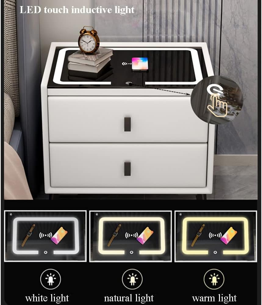 Noptiera Smart Multifunctionala, iluminare LED tactil cu 3 culori, incarcare wireless si USB, difuzor Bluetooth, 2 sertare