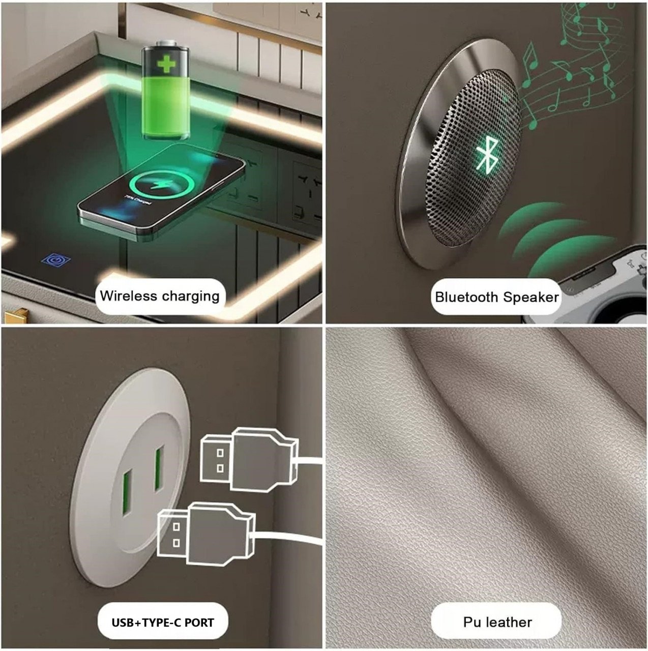 Noptiera Smart Multifunctionala, iluminare LED tactil cu 3 culori, incarcare wireless si USB, difuzor Bluetooth, 2 sertare