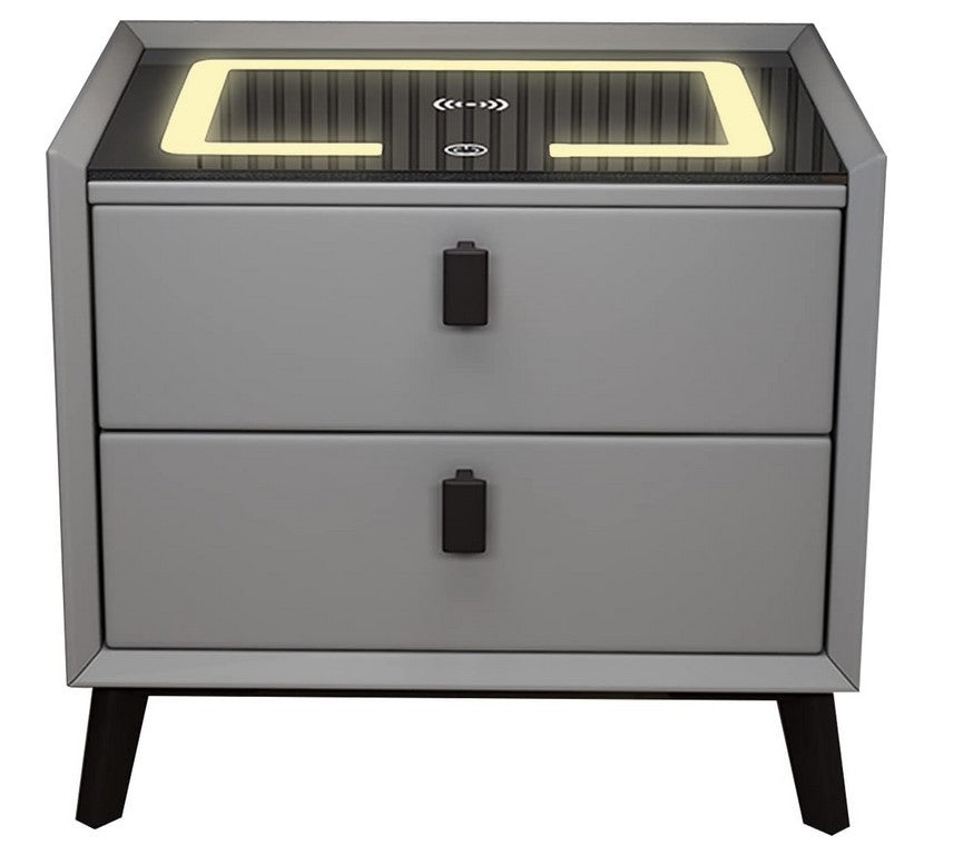 RESIGILAT - Noptiera Smart Multifunctionala, iluminare LED tactil cu 3 culori, incarcare wireless si USB, difuzor Bluetooth, 2 sertare