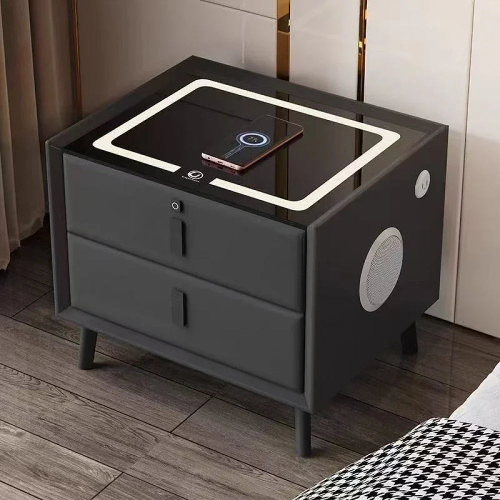 RESIGILAT - Noptiera Smart Multifunctionala, iluminare LED tactil cu 3 culori, incarcare wireless si USB, difuzor Bluetooth, 2 sertare
