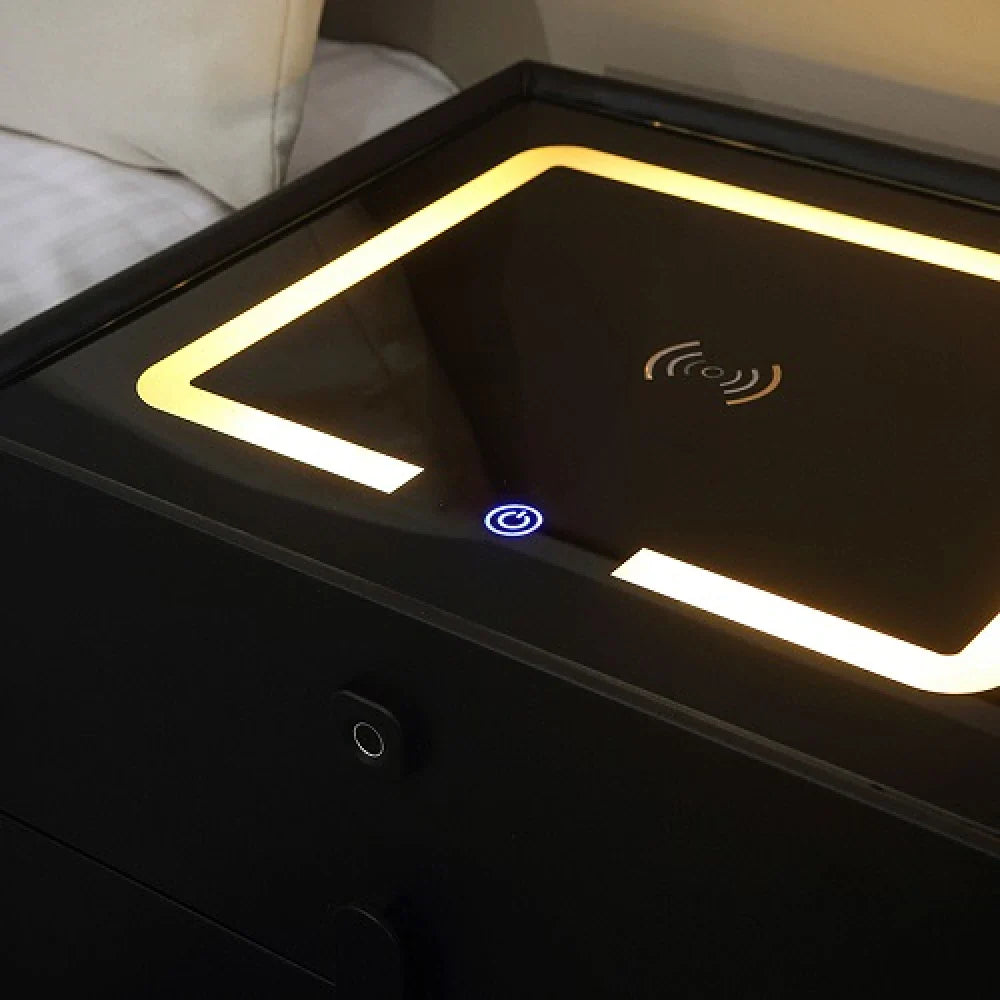 RESIGILAT - Noptiera Smart Multifunctionala, iluminare LED tactil cu 3 culori, incarcare wireless si USB, difuzor Bluetooth, 2 sertare