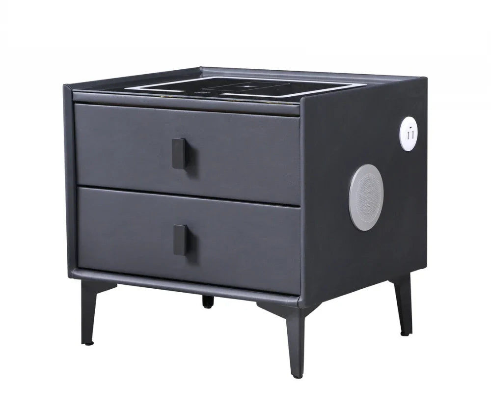 Noptiera Smart Multifunctionala, iluminare LED tactil cu 3 culori, incarcare wireless si USB, difuzor Bluetooth, 2 sertare