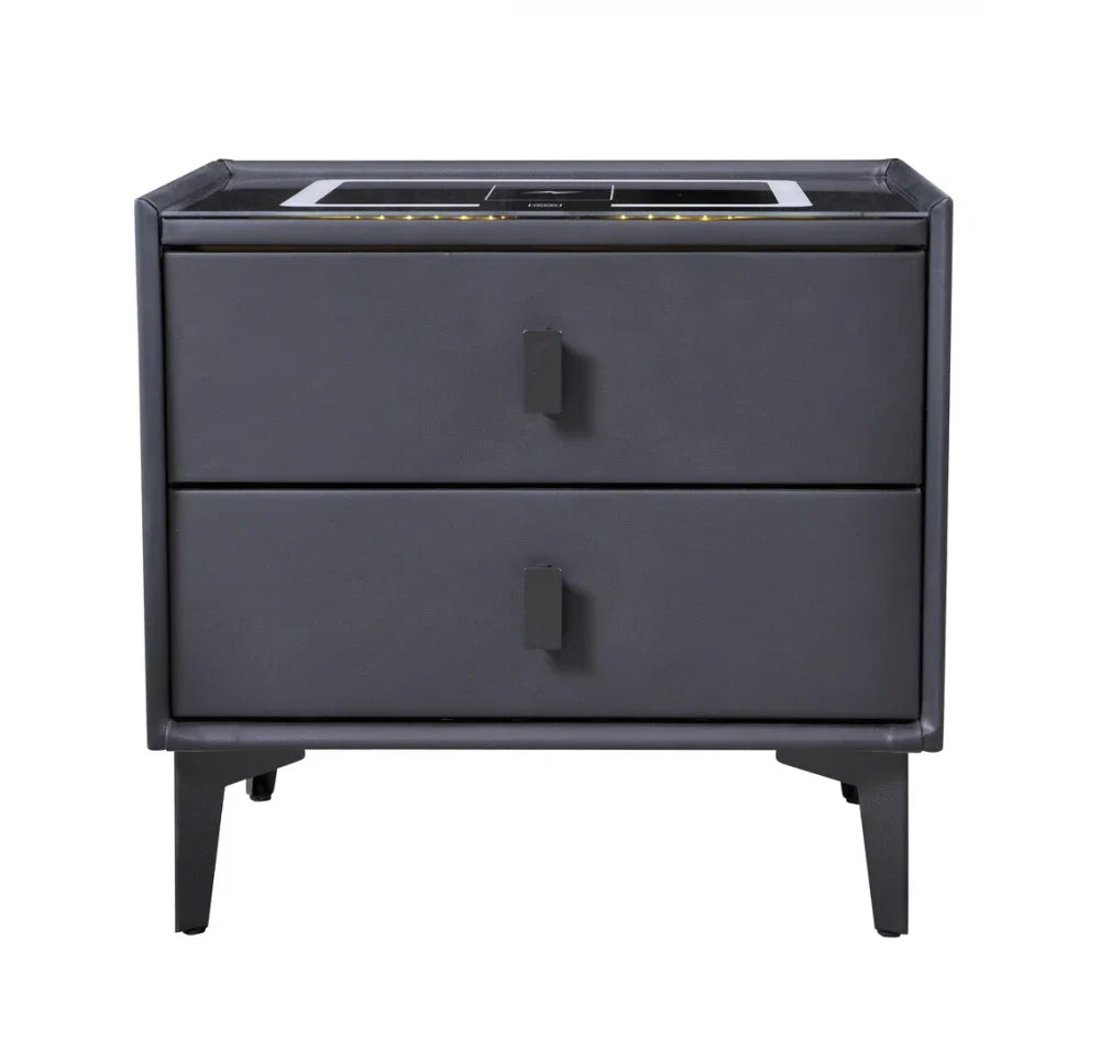 Noptiera Smart Multifunctionala, iluminare LED tactil cu 3 culori, incarcare wireless si USB, difuzor Bluetooth, 2 sertare