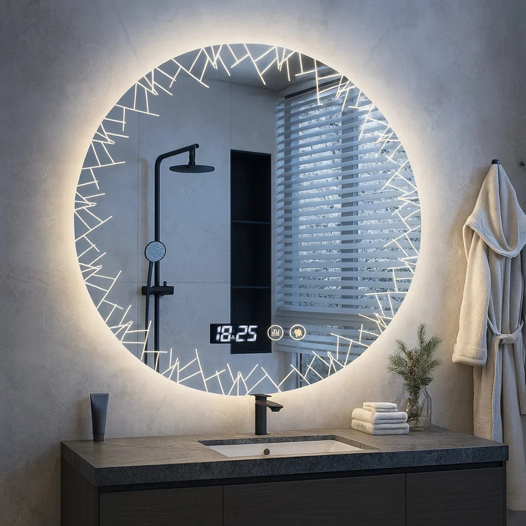 Oglinda LED baie cu dezaburire, ceas si termometru, 80cm