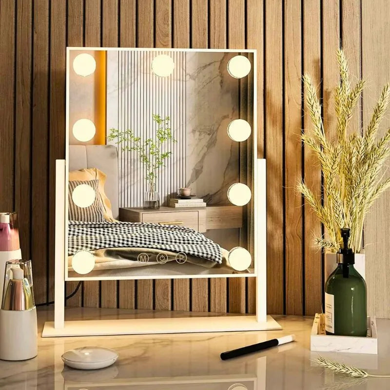 Oglinda machiaj profesionala cu suport metalic, Smart Touch, 9 becuri LED si 3 moduri de iluminare, 26 x 31cm