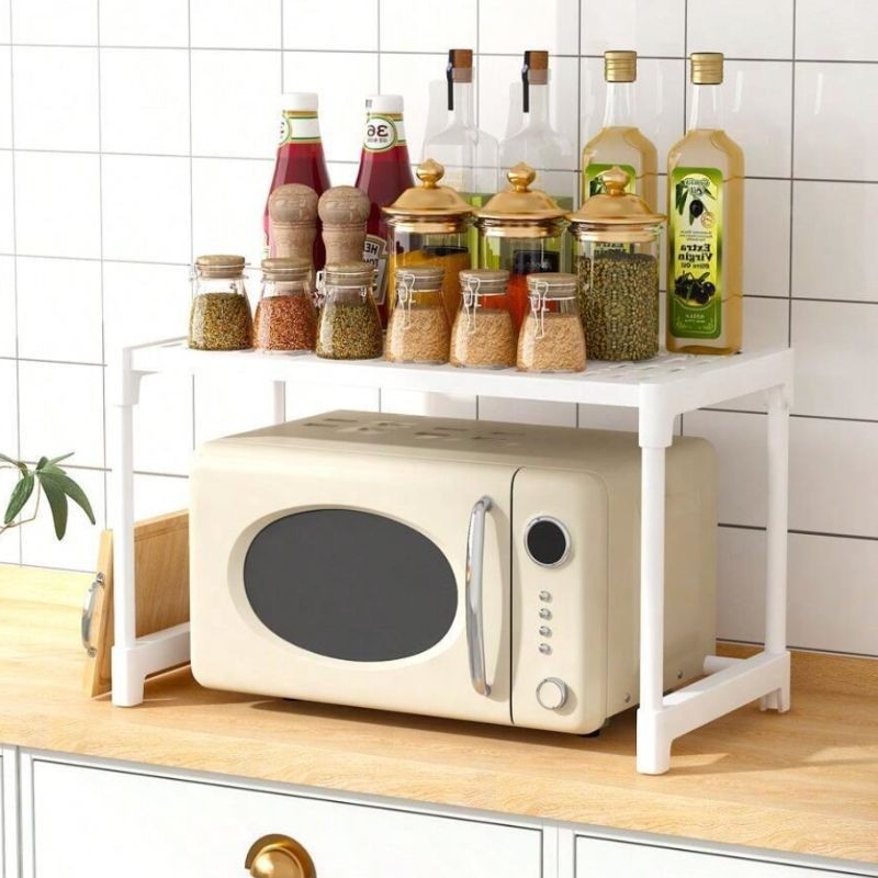 Suport cuptor microunde cu raft superior 57.5x26x31 cm, organizator bucatarie metalic, alb/negru