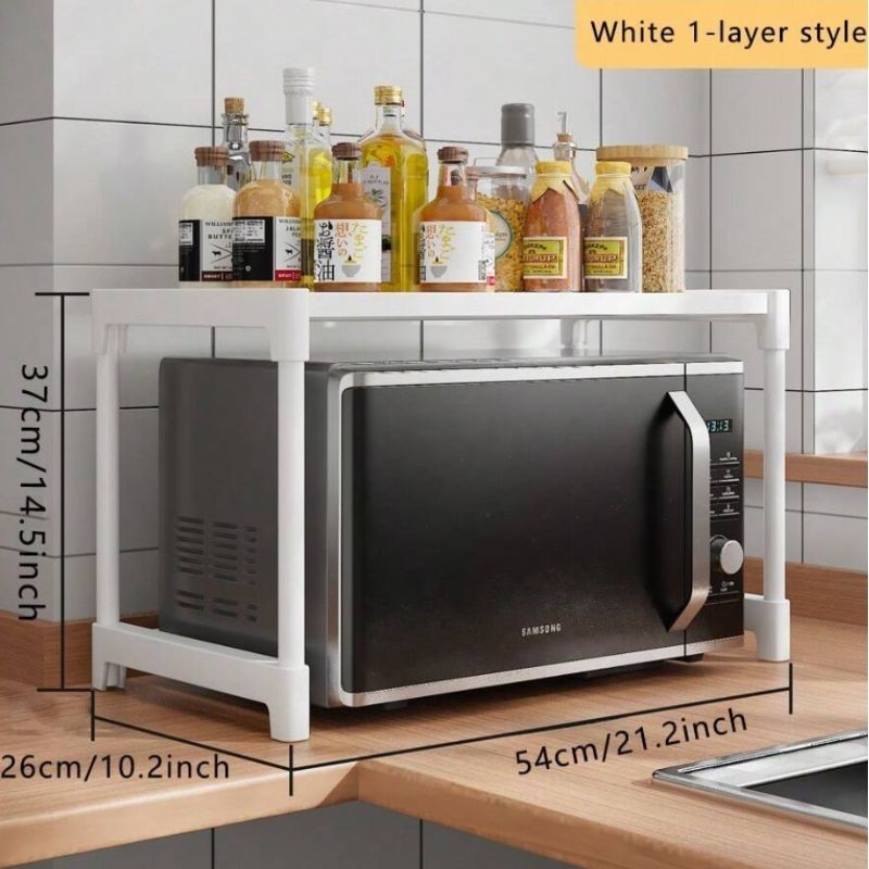 Suport cuptor microunde cu raft superior 57.5x26x31 cm, organizator bucatarie metalic, alb/negru