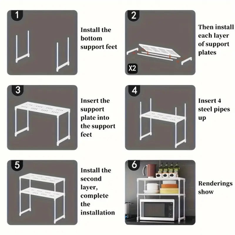 Suport cuptor microunde cu raft superior 57.5x26x31 cm, organizator bucatarie metalic, alb/negru