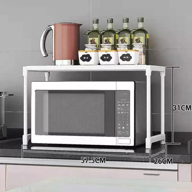 Suport cuptor microunde cu raft superior 57.5x26x31 cm, organizator bucatarie metalic, alb/negru