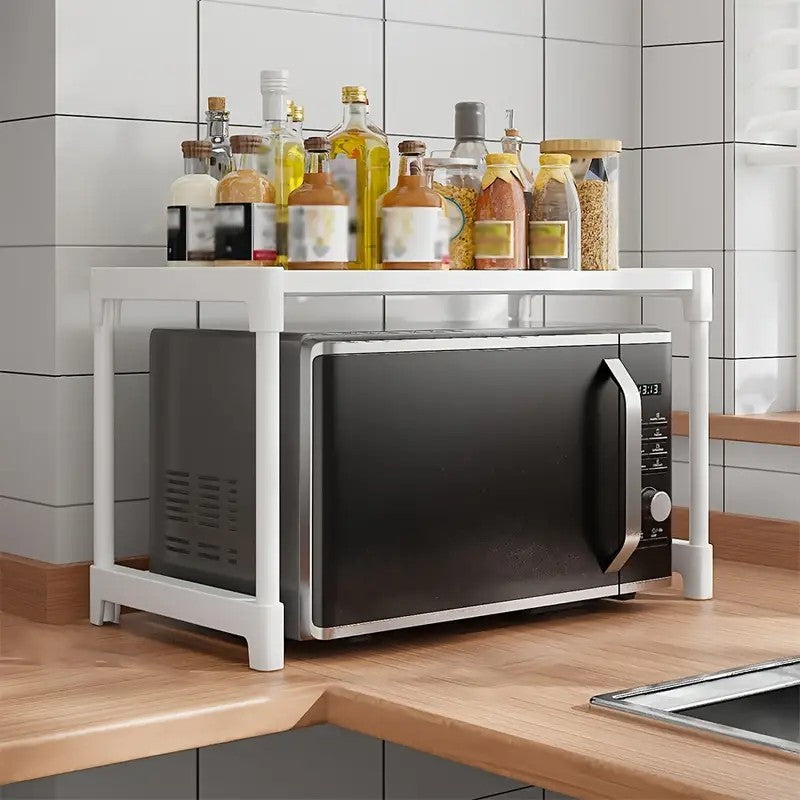 Suport cuptor microunde cu raft superior 57.5x26x31 cm, organizator bucatarie metalic, alb/negru