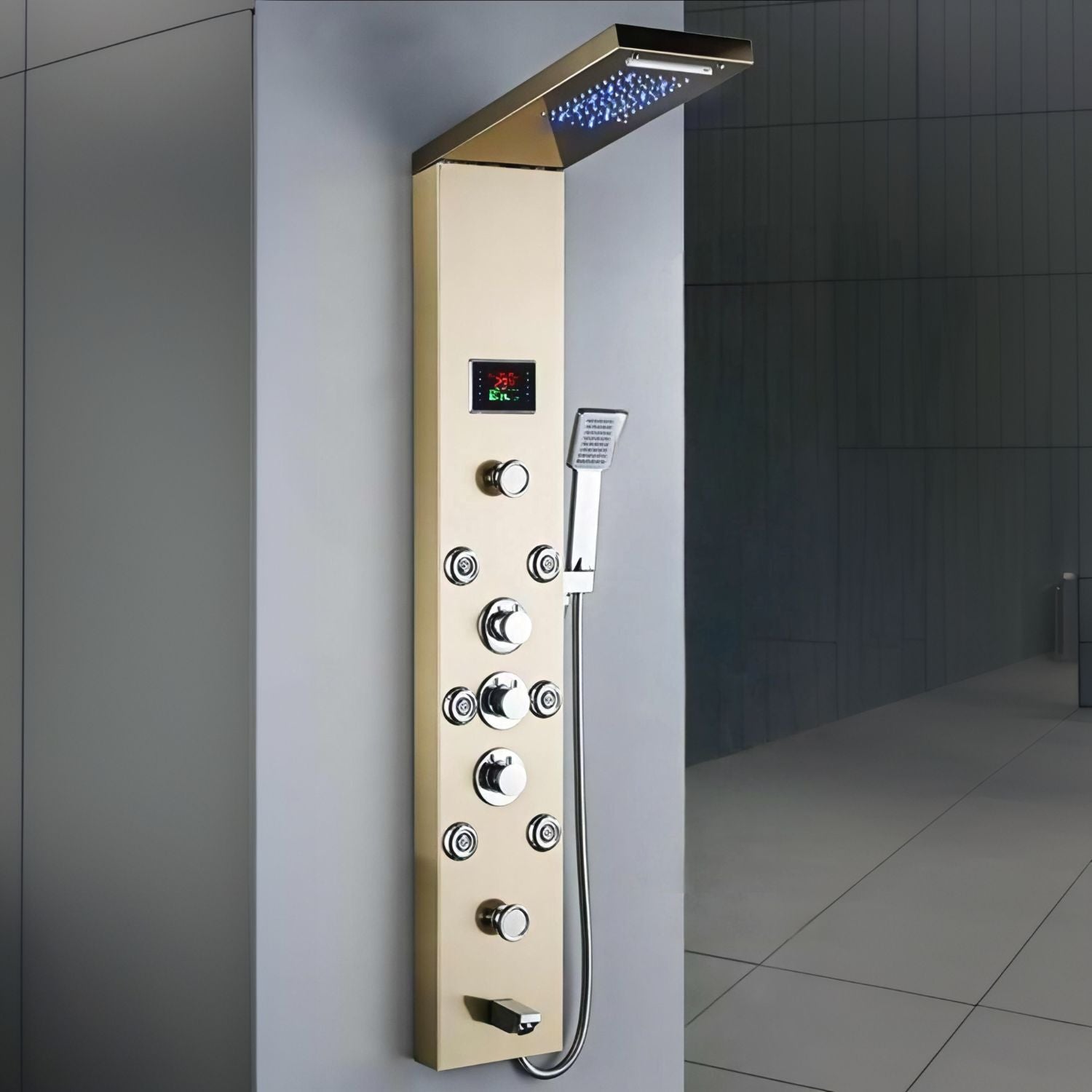 RESIGILAT - Panou dus modern din otel inoxidabil 304 cu functie cascada si jeturi multiple, montaj pe perete, culori negru, auriu si argintiu