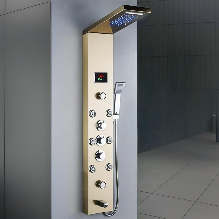 RESIGILAT - Panou dus modern din otel inoxidabil 304 cu functie cascada si jeturi multiple, montaj pe perete, culori negru, auriu si argintiu