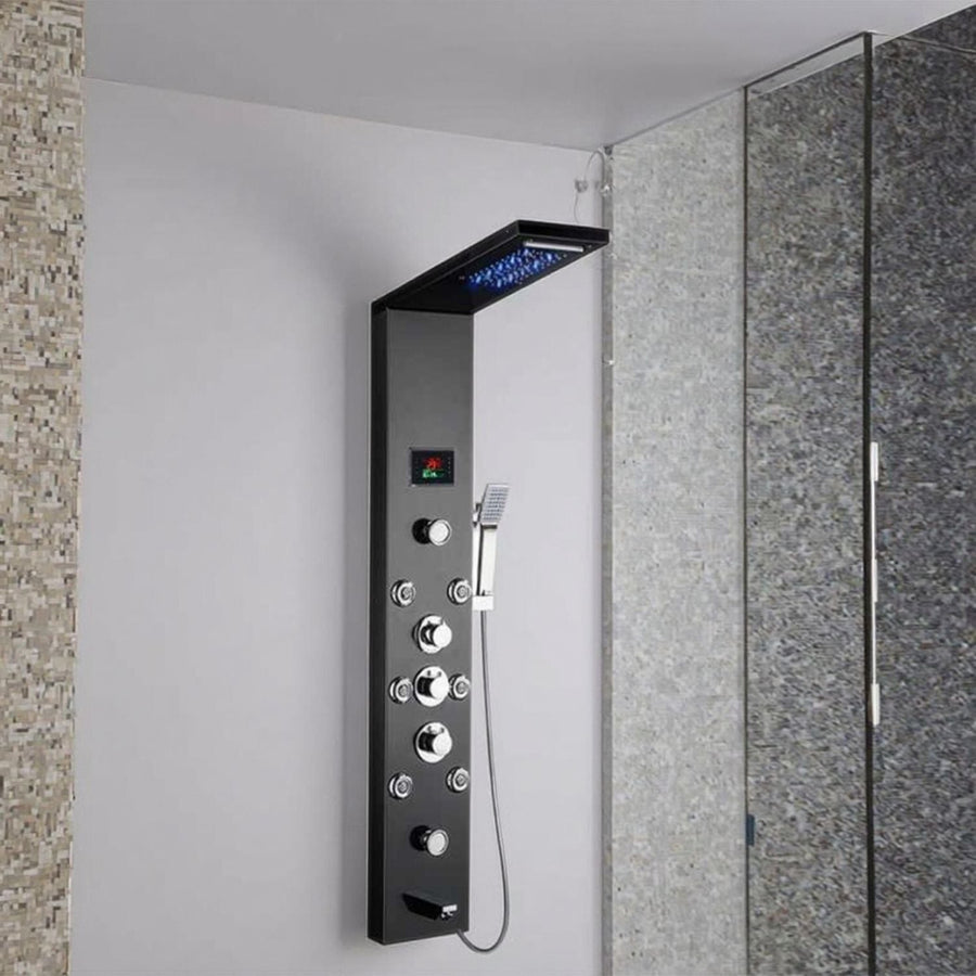 RESIGILAT - Panou dus modern din otel inoxidabil 304 cu functie cascada si jeturi multiple, montaj pe perete, culori negru, auriu si argintiu