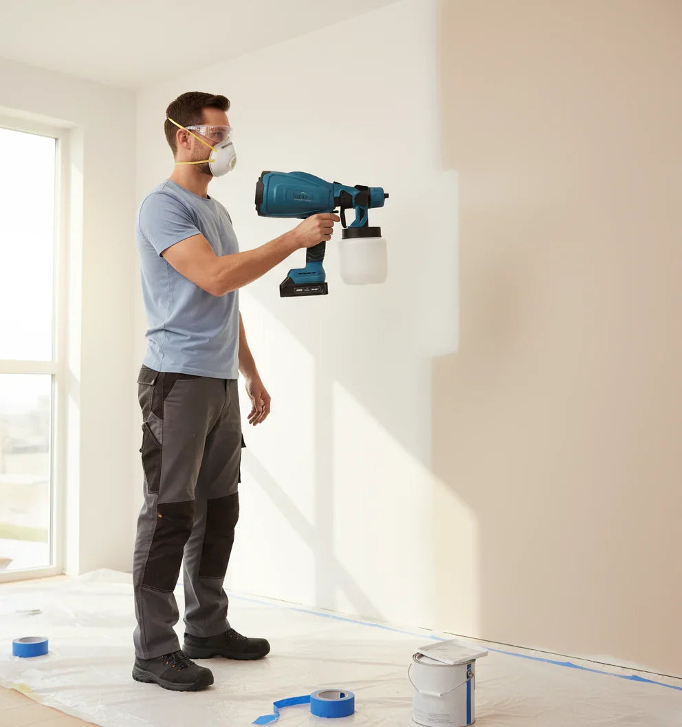 Pistol Electric de vopsea cu 2 acumulatori de 48v, 1000ml - 3 moduri de pulverizare, ideal pentru tavane, pereti si garduri, albastru