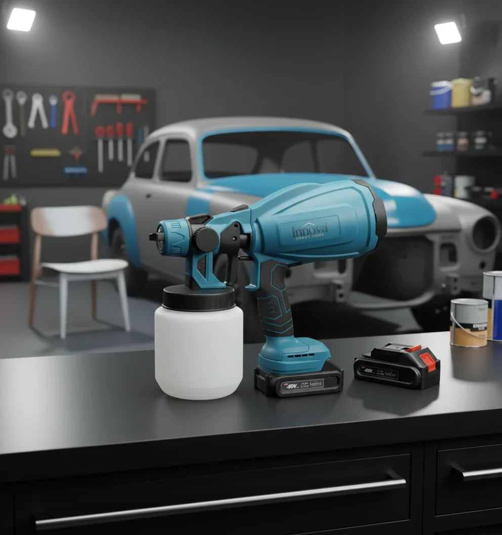 Pistol Electric de vopsea cu 2 acumulatori de 48v, 1000ml - 3 moduri de pulverizare, ideal pentru tavane, pereti si garduri, albastru