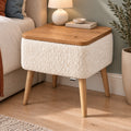 Noptiera cu Depozitare Boucle Alb 45x35x45cm Blat aspect Lemn Natural Picioare Lemn, colectie Teddy