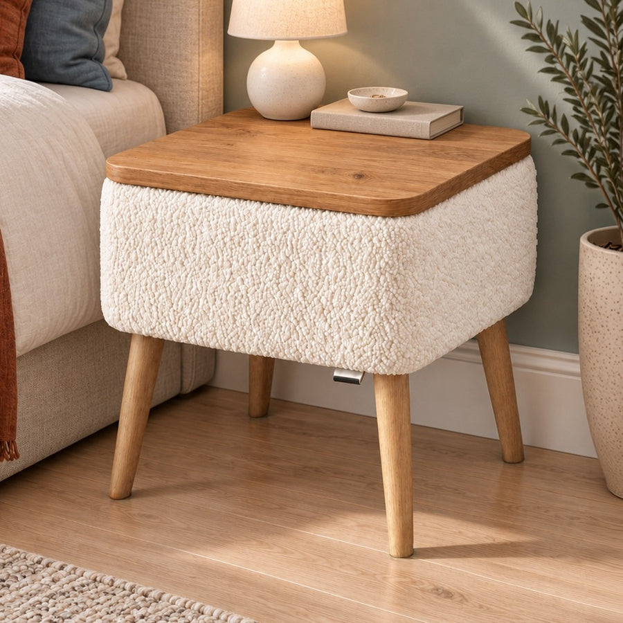 Noptiera cu Depozitare Boucle Alb 45x35x45cm Blat aspect Lemn Natural Picioare Lemn, colectie Teddy