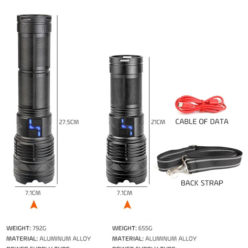 Lanterna profesionala cu LED laser, incarcare Type-C, 4 acumulatori inclusi, afisaj baterie, distanta iluminare pana la 1000 m,