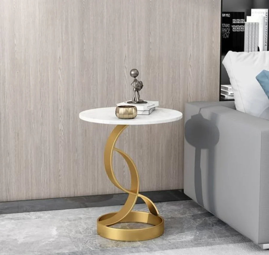 Masuta laterala moderna cu blat tip marmura si cadru metalic, design nordic slim, 50 x 33 x 55 cm