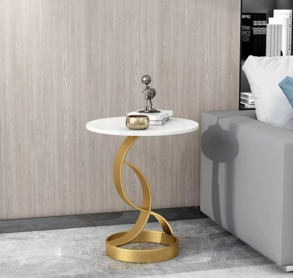 RESIGILAT - Masuta laterala moderna cu blat tip marmura si cadru metalic, design nordic slim, 50 x 33 x 55 cm