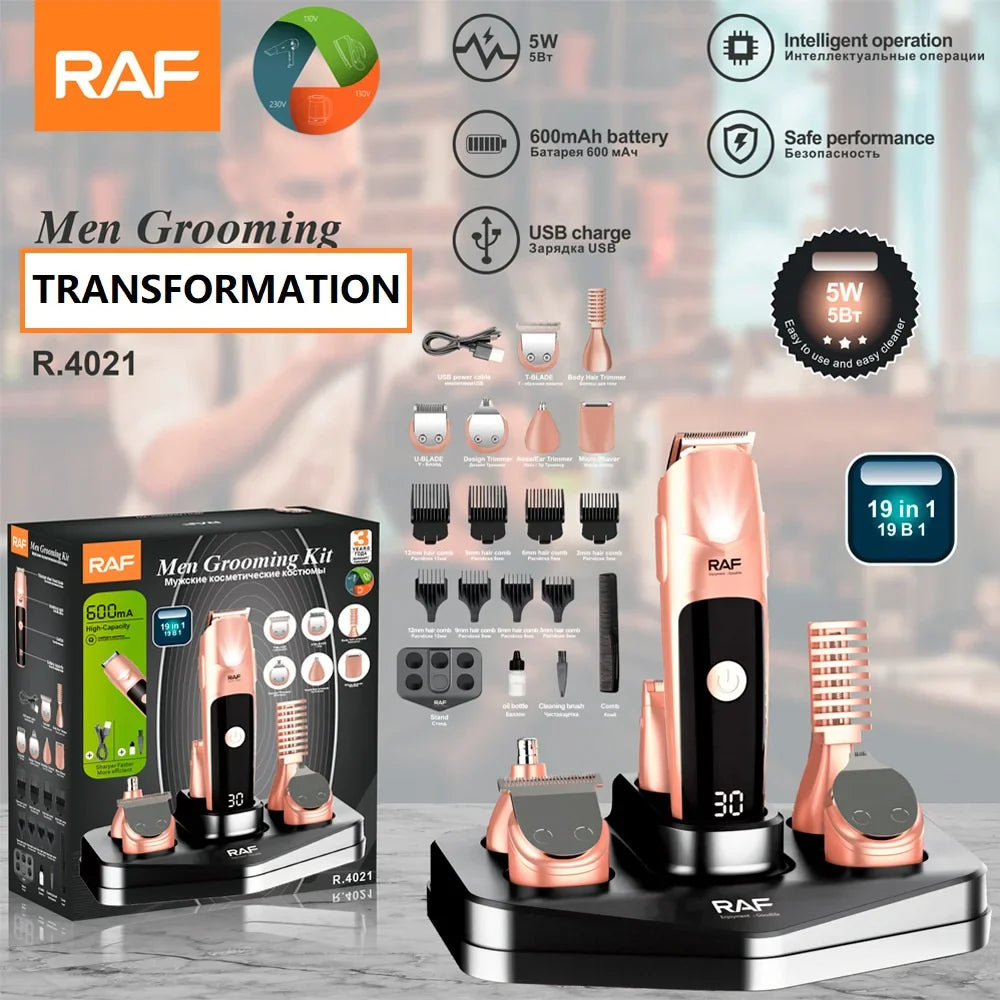 Aparat de tuns multifuncțional RAF R4021 cu 19 accesorii, baterie 600mAh, încărcare USB, culoare Rose Gold