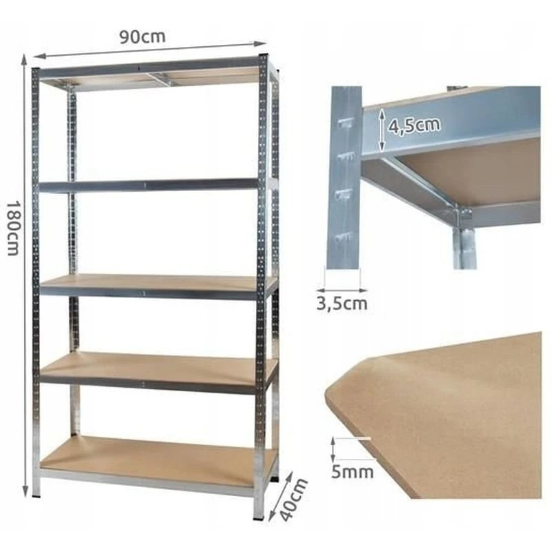 RESIGILAT - Raft metalic cu 5 polite, cadru otel galvanizat, polita MDF, 175kg/polita