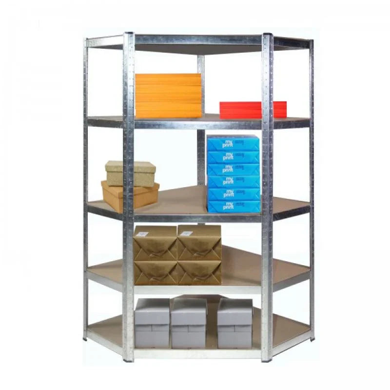 RESIGILAT - Raft metalic de colt, cu 5 polite, cadru otel galvanizat, polita MDF, 175 Kg/polita, 180x90x40 cm