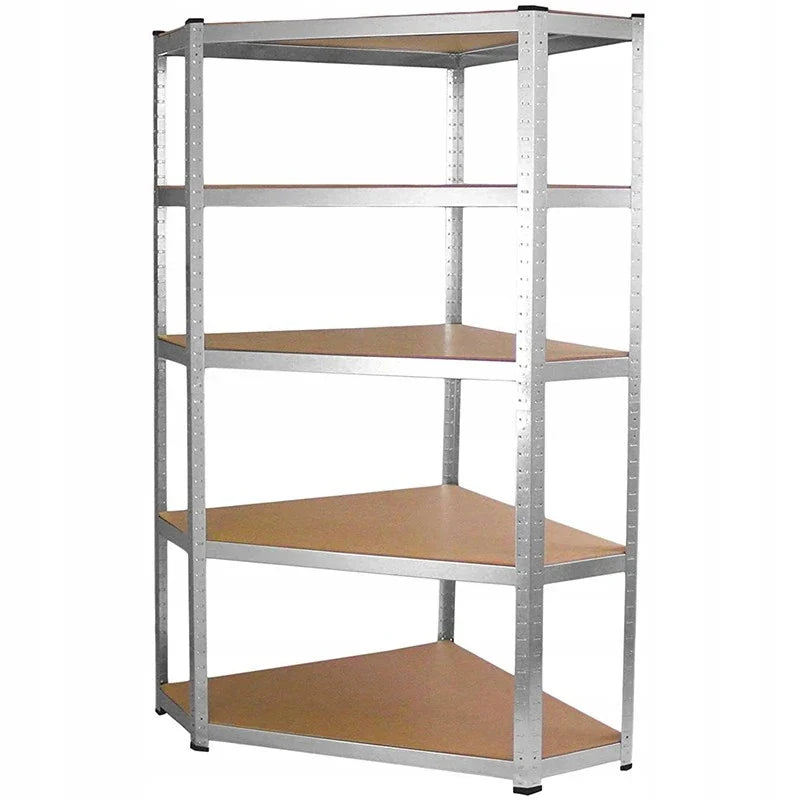 RESIGILAT - Raft metalic de colt, cu 5 polite, cadru otel galvanizat, polita MDF, 175 Kg/polita, 180x90x40 cm