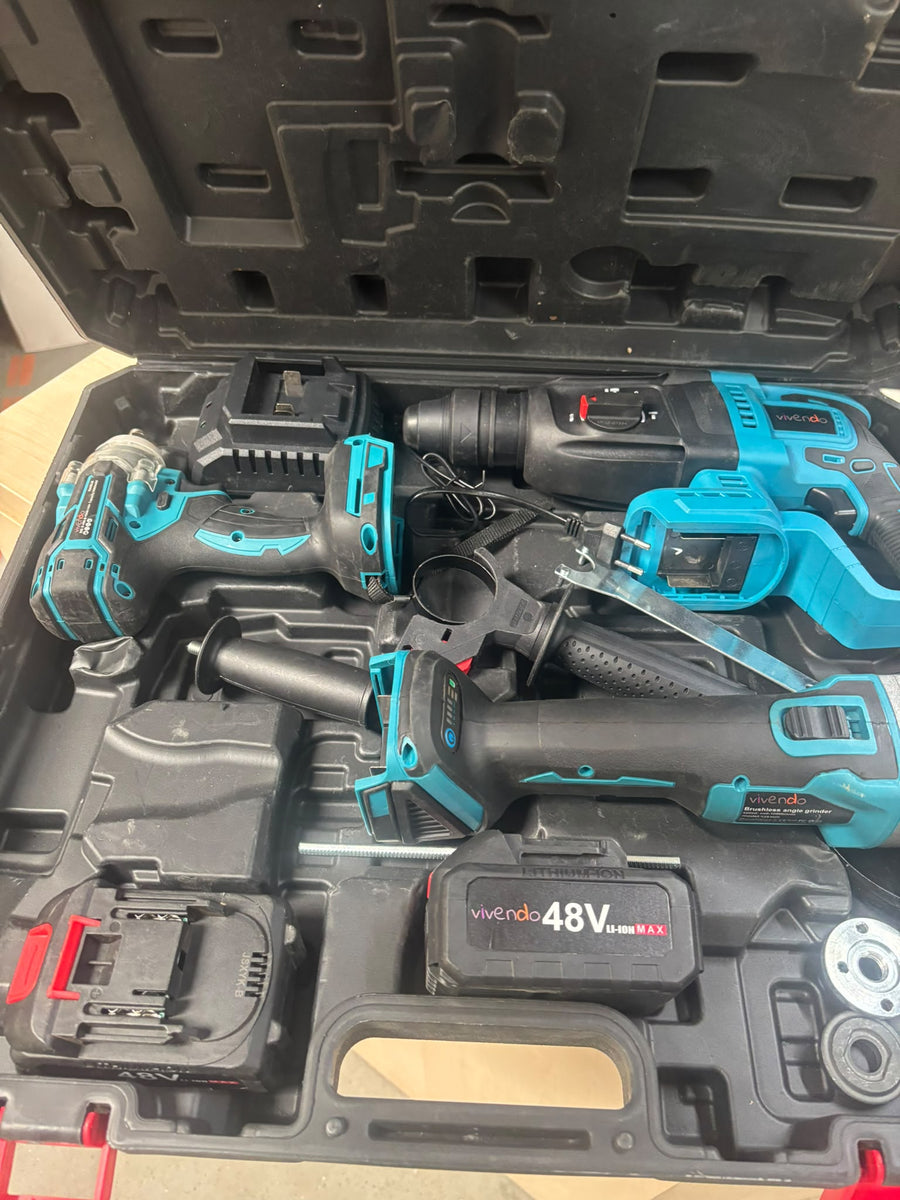 RESIGILAT — Trusa 4 piese cu acumulator, autofiletanta, rotopercutor, polizor unghiular, bormasina impact, 20V, 4Ah · Incomplet #001