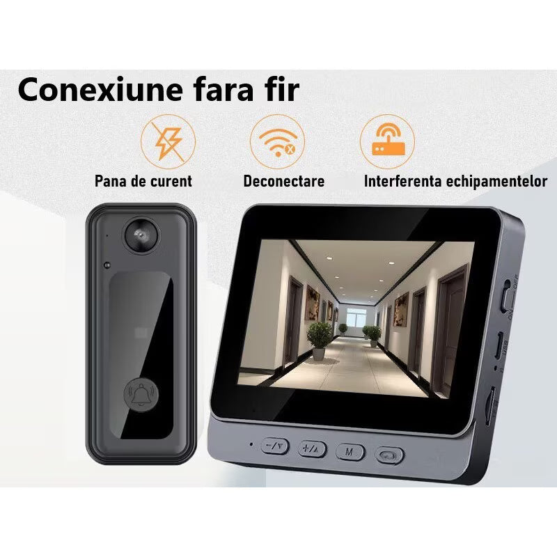 Sonerie video inteligenta Wireless, Ecran IPS 4.3 inch, Night Vision, Senzor IR, Interfon Video HD, 8MP, comunicare bidirectionala, unghi de vizualizare 170°, baterii incorporate, Negru