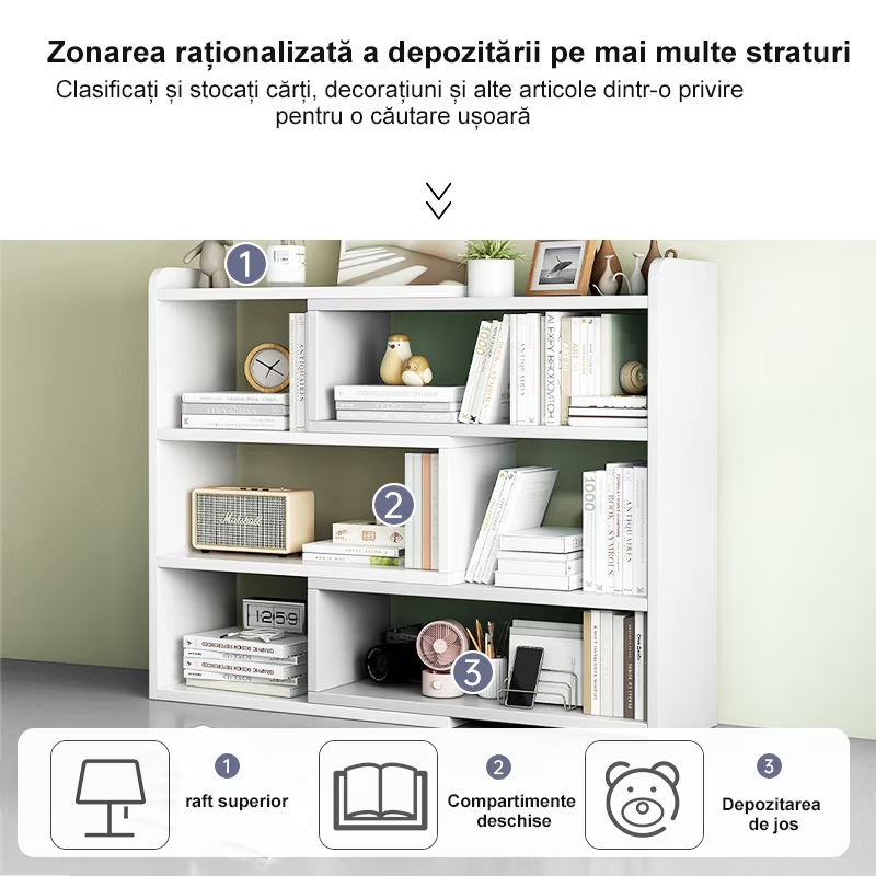 RESIGILAT - Biblioteca cu 6 compartimente, rotativa, cu lungime reglabila si extensibila, (60-120)×17×80cm, alb