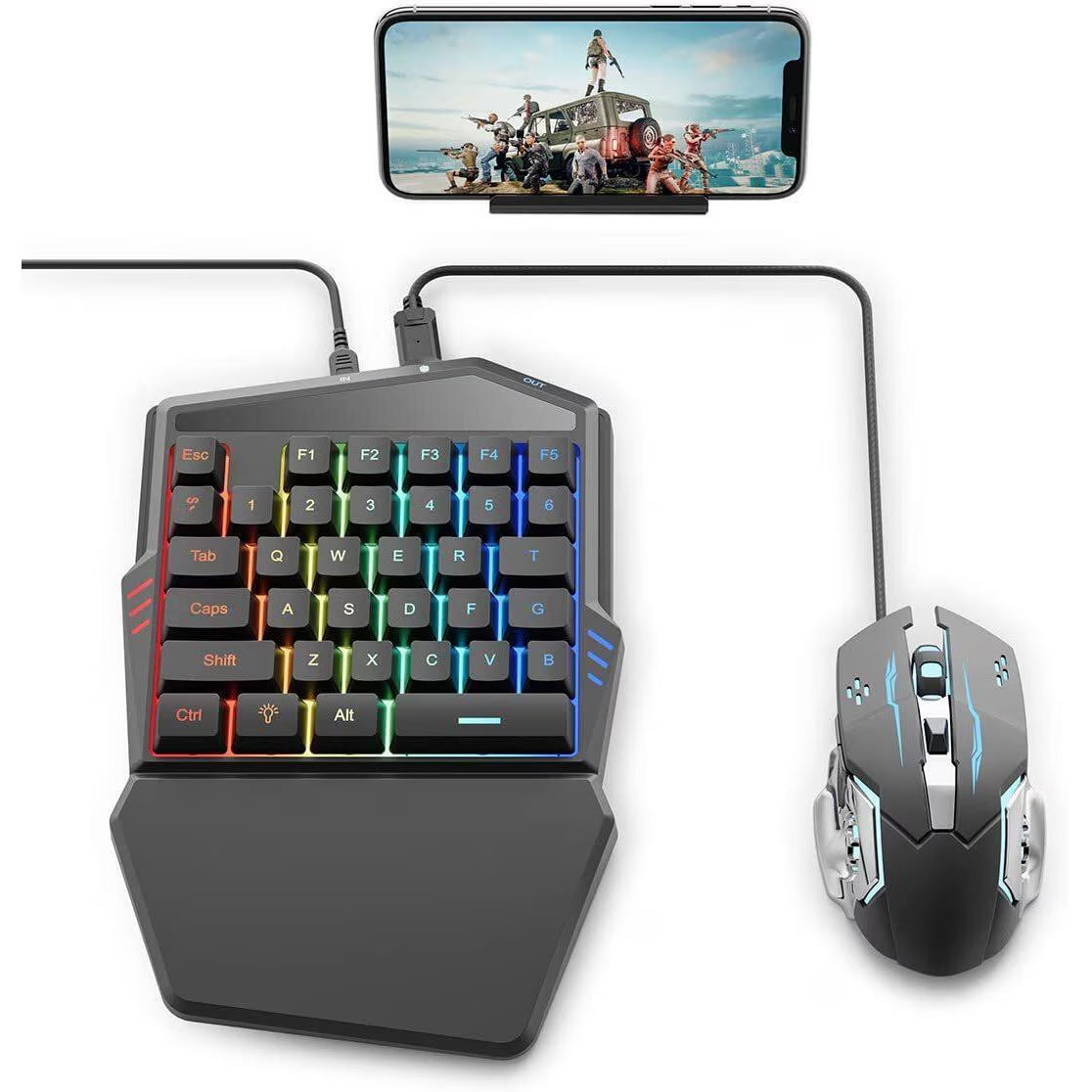 Set Gaming telefon complet 5 in 1 cu tastatura Iluminata RGB, emulator jocuri telefon, mouse gaming, suport telefon Inclus, mouse pad Inclus, Wireless, cu inteligent Spray control, compatibil Android