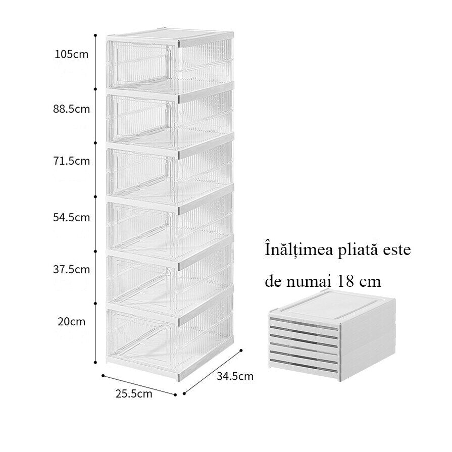 Cutii Organizatoare pentru incaltaminte, 6 compartimente, pliabile, design transparent, 34.5x25.5x105cm, alb