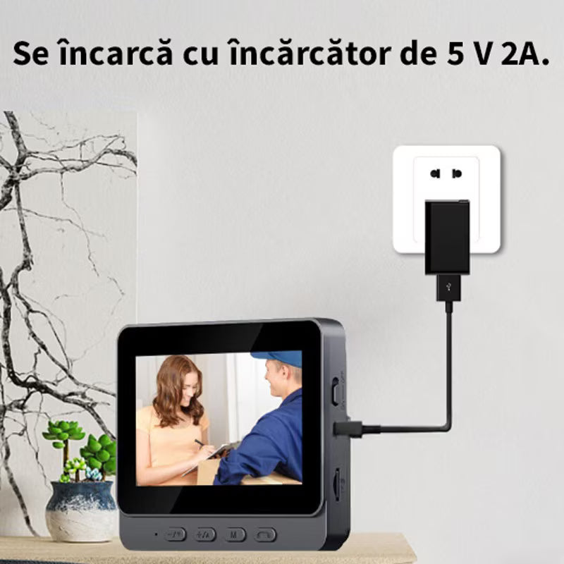 Sonerie video inteligenta Wireless, Ecran IPS 4.3 inch, Night Vision, Senzor IR, Interfon Video HD, 8MP, comunicare bidirectionala, unghi de vizualizare 170°, baterii incorporate, Negru