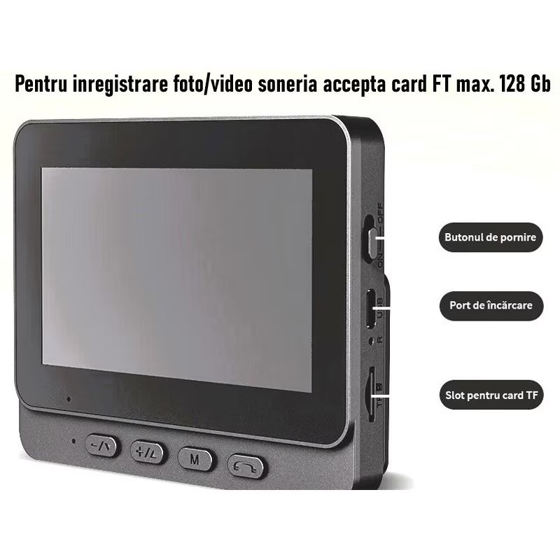 Sonerie video inteligenta Wireless, Ecran IPS 4.3 inch, Night Vision, Senzor IR, Interfon Video HD, 8MP, comunicare bidirectionala, unghi de vizualizare 170°, baterii incorporate, Negru