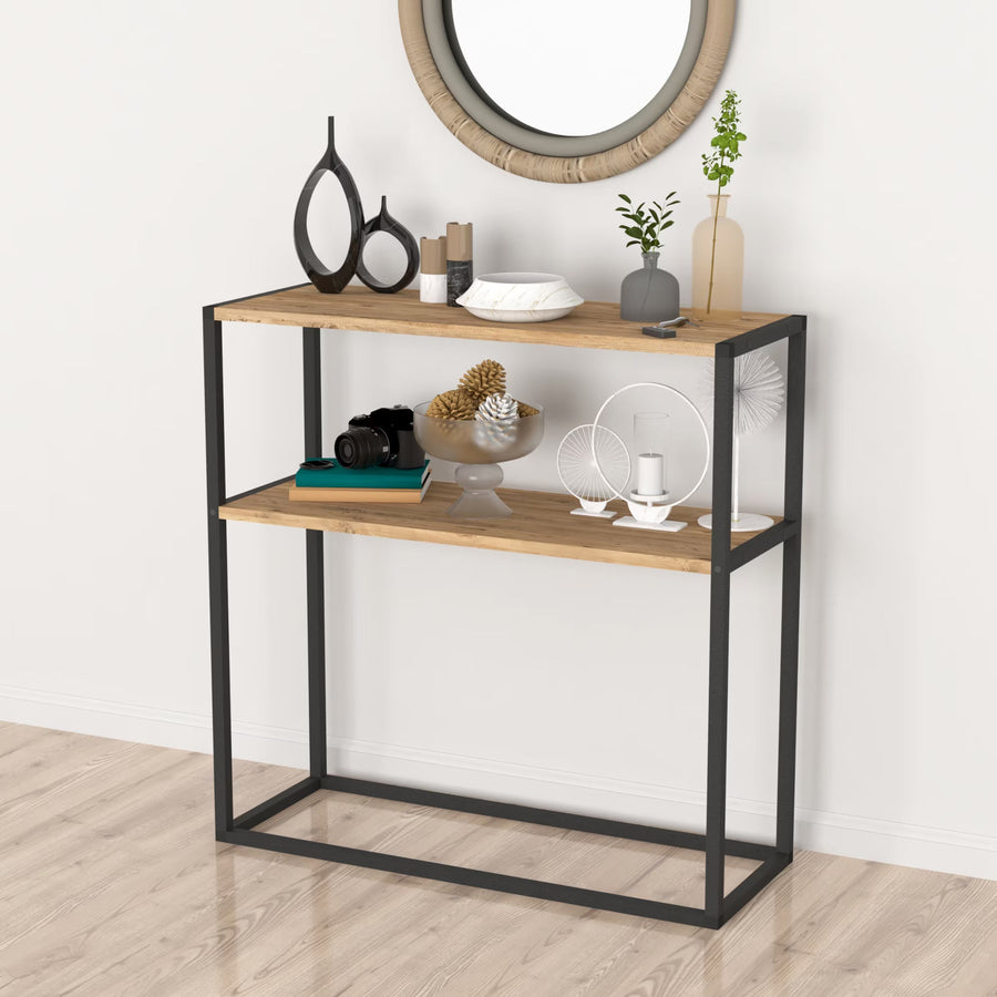 Masă consola decorativa cu 2 rafturi, 90x90x33,5 cm, efect stejar și cadru metalic