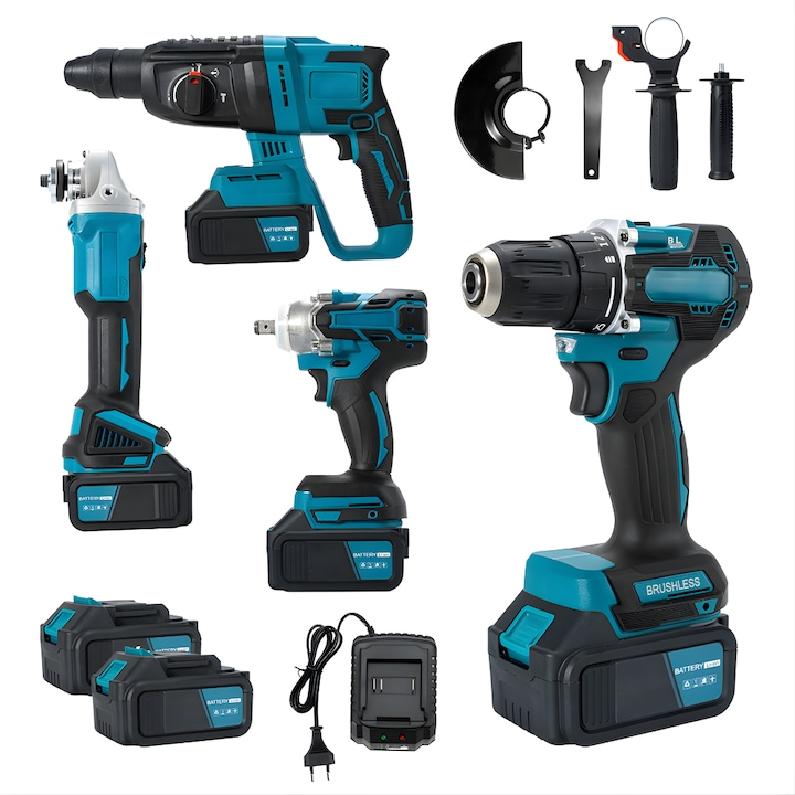Trusa 4 piese cu acumulator, autofiletanta, rotopercutor, polizor unghiular, bormasina impact, 20V, 4Ah