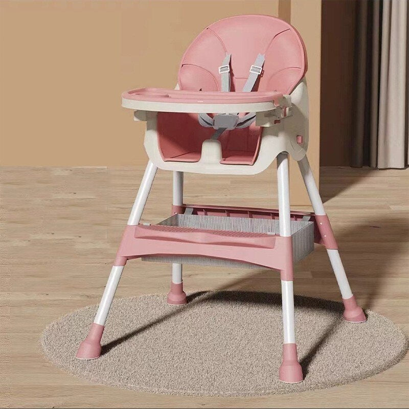 Scaun de Masa pentru Bebelusi si Copii cu Roti, Telescopic, Pliabil, Masuta Reglabila, Suport Picioare, Scaun cu Invelis Piele Artificiala, Centura Siguranta, Spatiu Depozitare, 97x73x65 cm