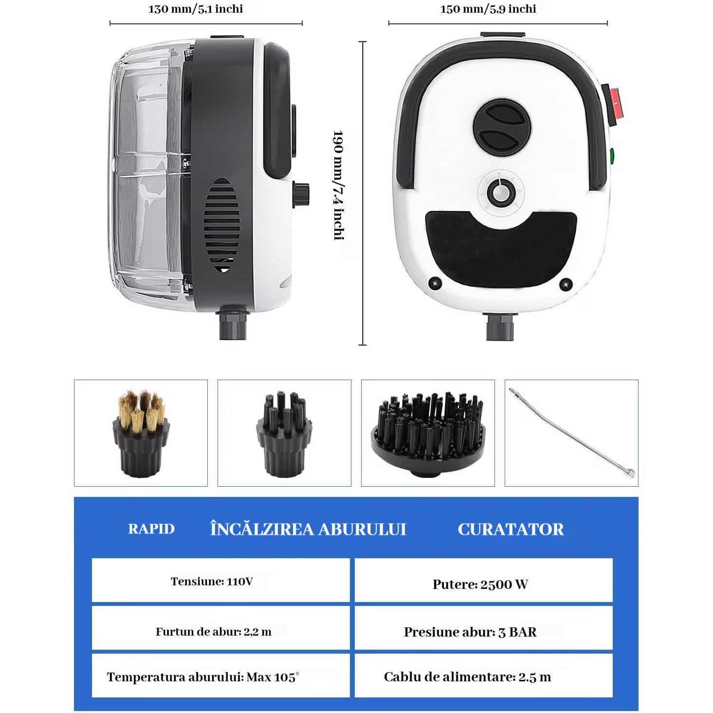 Aparat de curatat cu abur, 4 accesorii incluse, 2500W, alb/negru